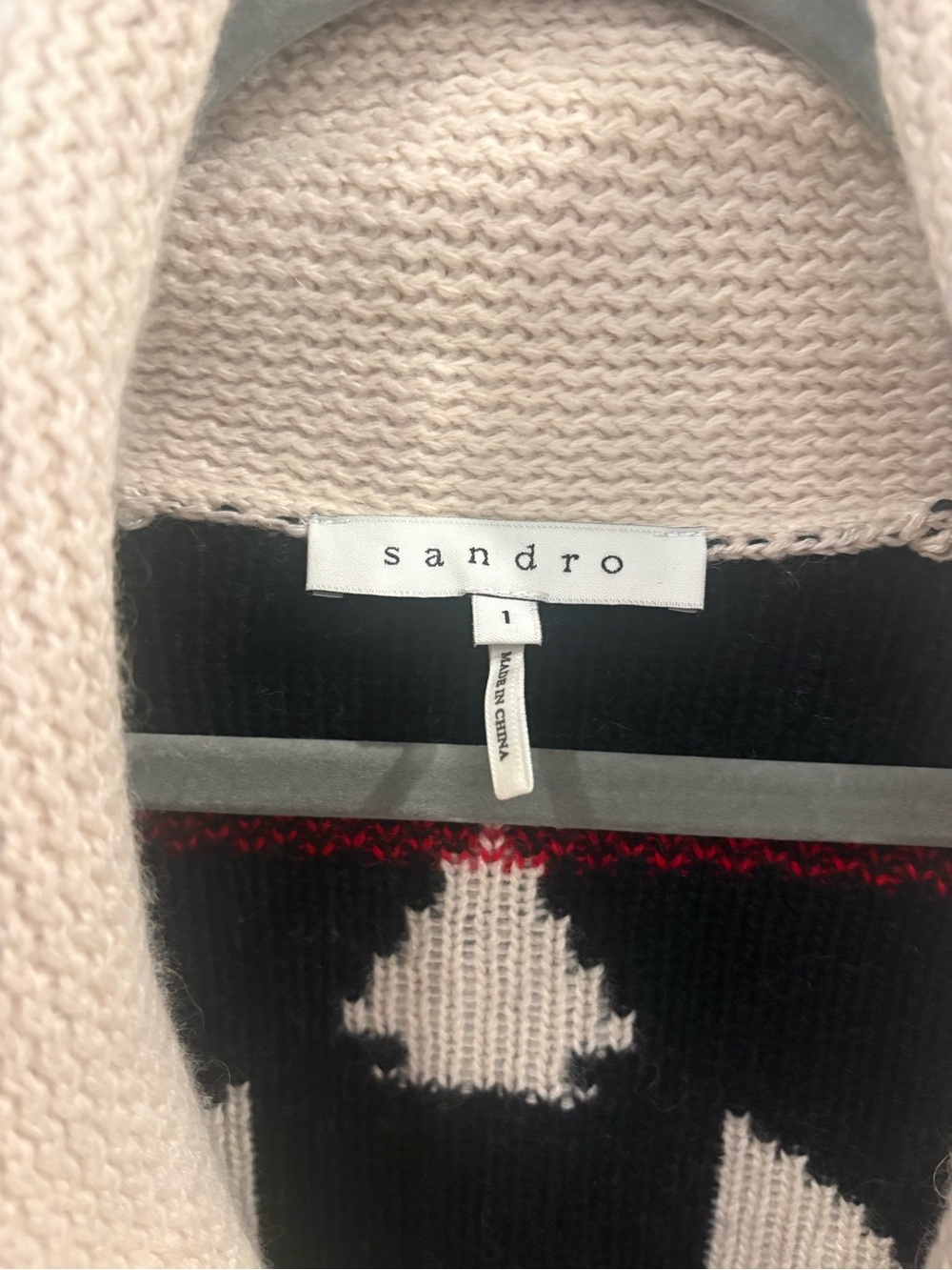 Sandro Shawl Collar Aztec Knit Cardigan Sweater - Beige/Black/Red - Picture 2 of 6